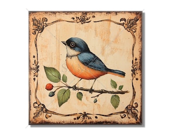 May include: A painting of a blue and orange bird perched on a branch with green leaves and red berries. The painting is framed in a brown and gold ornate frame.