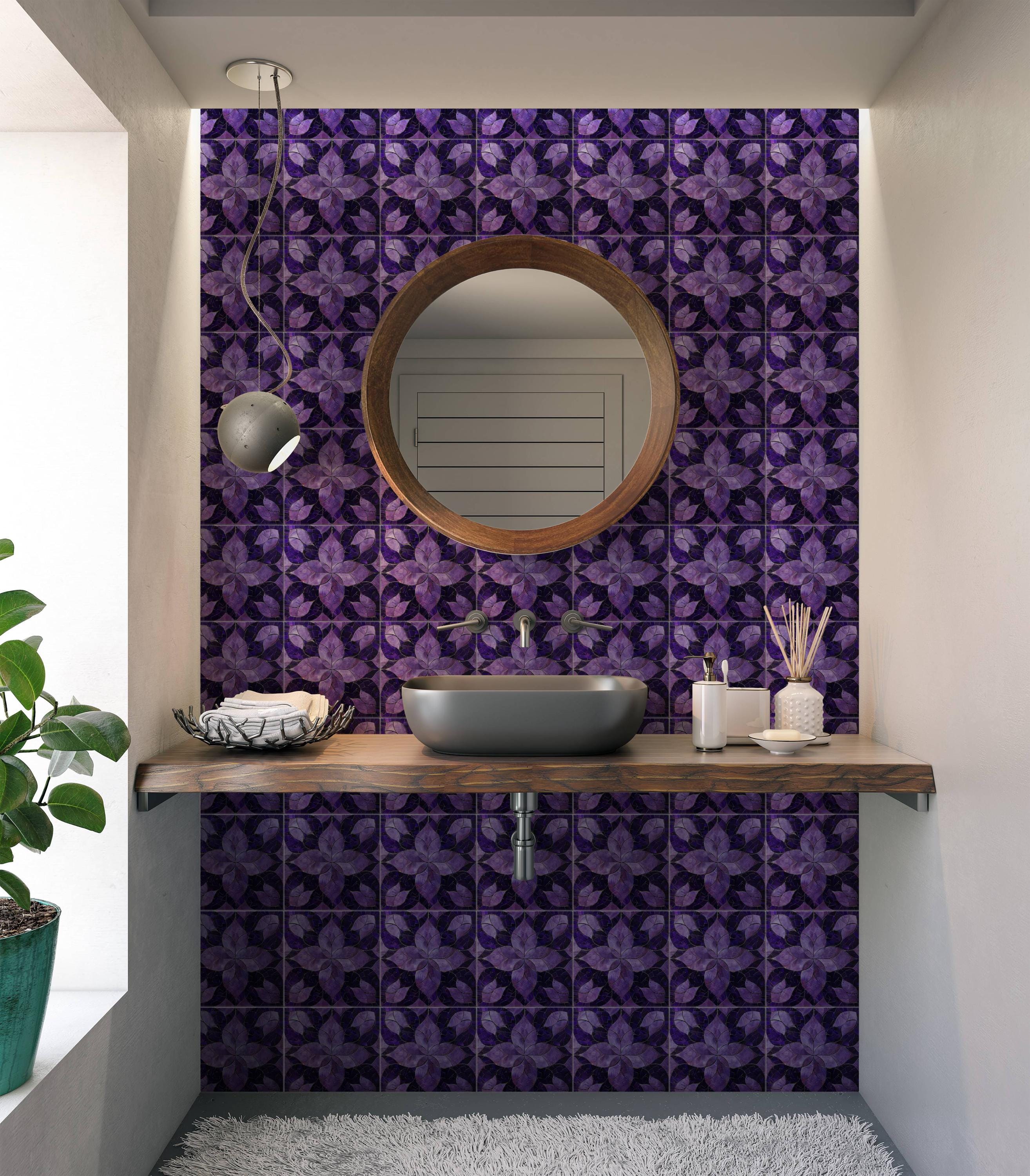 Purple Patterned Ceramic Tile - Purple Kitchen Backsplash Tile - Purple