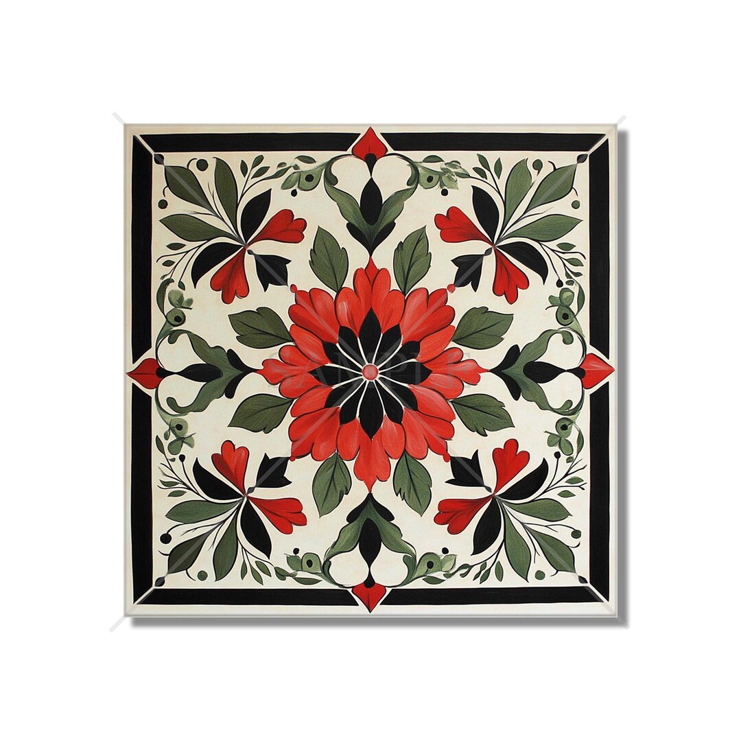Red and Green Ceramic Tile - Vintage French Floral Design Tile ...
