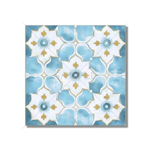 May include: A square tile with a repeating pattern of blue and gold floral designs. The tile has a watercolor effect, giving it a soft and delicate look.