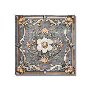 May include: A square tile with a gray background and a white flower in the center. The flower is surrounded by gold and green leaves and vines. The tile has a decorative border with gold and gray accents.