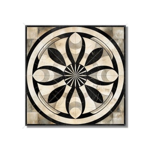 May include: Black and white geometric design on a beige background. The design features a circular pattern with a starburst in the center.