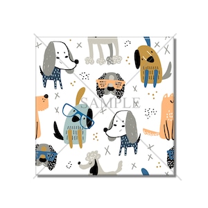 May include: A white background with a repeating pattern of colorful cartoon dogs wearing sunglasses and hats. The dogs are in various poses and have different facial expressions. The background is dotted with small black and gold dots.