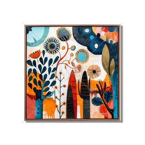 May include: Abstract painting with a colorful, whimsical design featuring stylized trees, flowers, and geometric shapes in shades of blue, orange, red, yellow, and green.