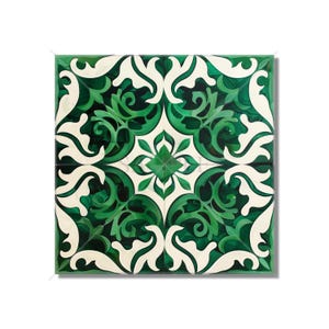 May include: A square tile with a green and white geometric pattern. The design features intricate swirls and curves, creating a symmetrical and elegant look.
