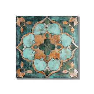 May include: Square wall art featuring a symmetrical design in teal, brown, and green. The central motif is a stylized floral pattern with a distressed, textured finish. The artwork has a vintage, antique aesthetic.