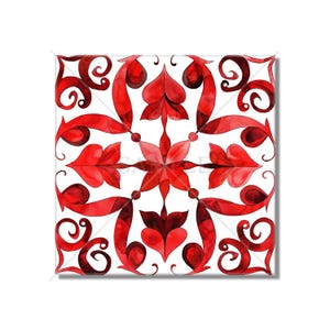 May include: Red and black watercolor tile design with a symmetrical pattern of stylized flowers and leaves.