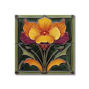 Green Orange Wine Red Floral Ceramic Tile - Vintage Art Nouveau Design Kitchen Backsplash Tile Bathroom Wall Tile Fireplace Ceramic Tile