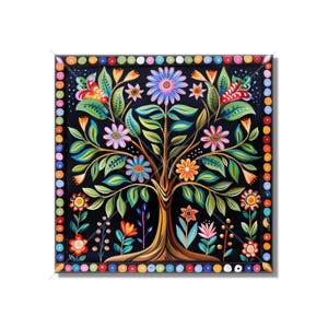 May include: A colorful folk art painting of a tree with a black background. The tree is decorated with flowers in shades of pink, orange, yellow, blue, and green. The tree trunk is brown and the branches are green. The painting is framed with a border of colorful dots.