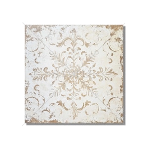 May include: Square tile with a distressed, vintage aesthetic. The tile features a central floral design in beige and brown tones against a white background. The edges have a worn, aged appearance, adding to the antique feel.
