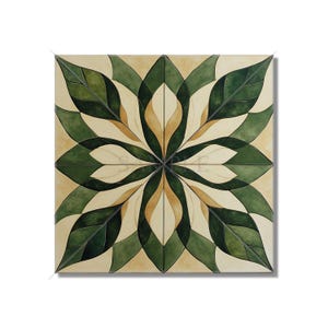 May include: A square tile with a geometric design featuring a stylized flower with green and beige leaves. The design is symmetrical and creates a sense of movement.