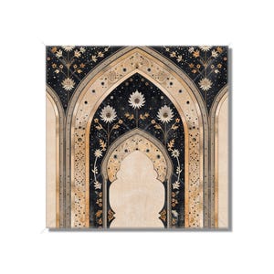 May include: A black and gold patterned archway with intricate floral designs. The archway is set against a dark background with a subtle starry pattern.