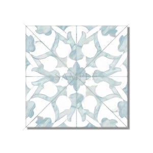 May include: A square tile with a blue and white floral pattern. The tile has a light blue background with a white floral design.
