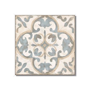 May include: A square ceramic tile with a blue and white geometric pattern. The tile has a distressed, vintage look.