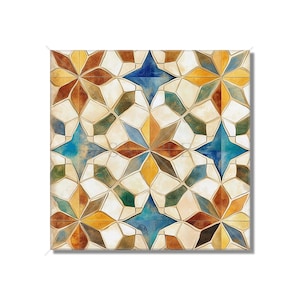 May include: Square tile with a repeating geometric pattern. The design features star-like shapes in shades of blue, yellow, brown, and green, set against a cream-colored background. The tile has a watercolor effect.