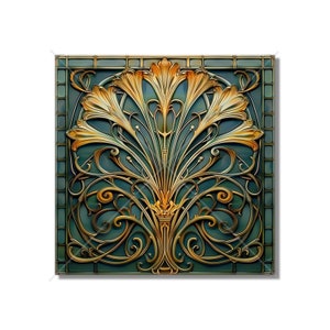 Ceramic Tile Art Deco - Art Nouveau Design Blue Green Gold Tones - Kitchen Backsplash Tile Bathroom Tile - Antique Design Tile - Unique Tile