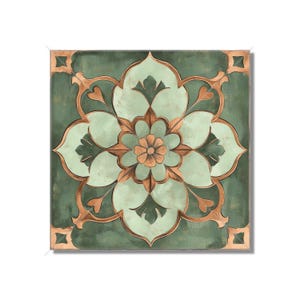 May include: A square tile with a green background and a copper-colored floral design. The center of the tile features a large flower with a smaller flower in the center. The design is intricate and detailed.