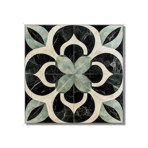 May include: Black and white marble tile with a green and white floral design. The tile has a geometric pattern with a central flower shape.