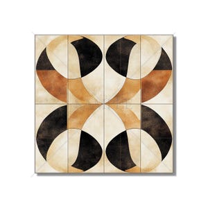May include: A square tile with a geometric pattern in black, brown, and beige. The pattern is made up of overlapping circles and arcs.