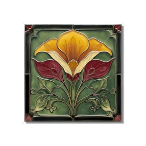 May include: A square ceramic tile with a green background and a stylized yellow, red, and white flower design.