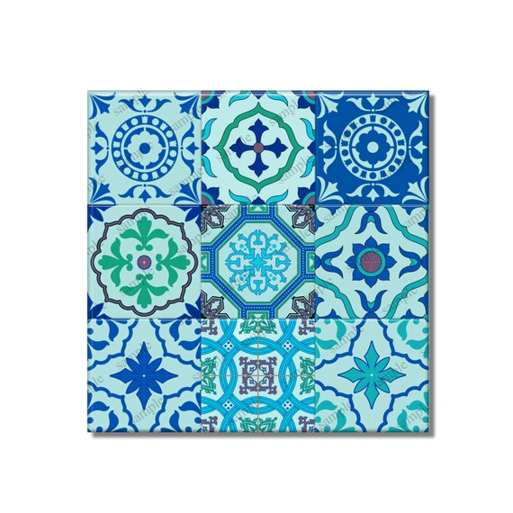 Patchwork Ceramic Wall Tiles Moroccan Design Blue Green 9 Piece Tile Set Decorative Mixed Patterned