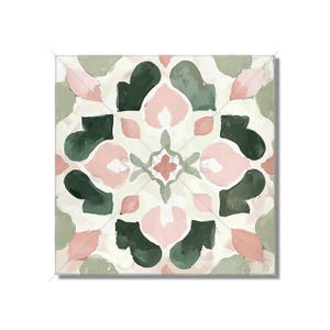 May include: A square tile with a repeating pattern of pink and green shapes. The tile has a white background and a subtle texture.