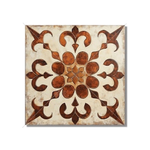 May include: A square ceramic tile with a brown and white geometric pattern. The tile has a distressed, vintage look.