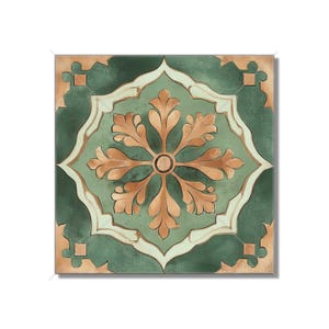 May include: A square tile with a green background and a gold floral design. The design is intricate and features a central circle with four petals.