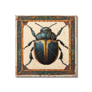 May include: A vintage-style illustration of a beetle with a blue and yellow striped shell, set against a white background with a decorative border of green, orange, and yellow floral motifs.