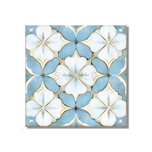 May include: A blue and white tile pattern with gold accents. The tile pattern features a repeating design of stylized flowers.