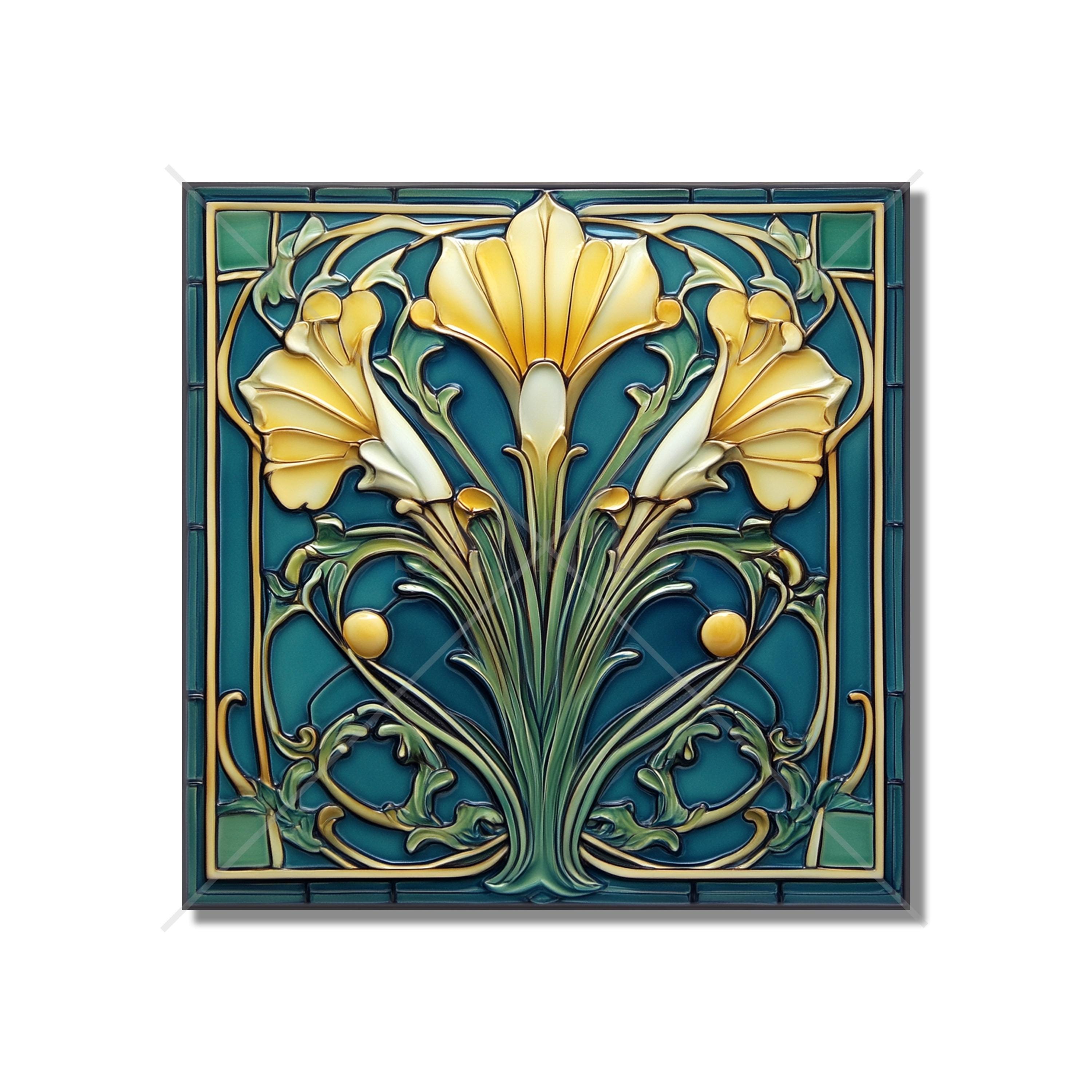 Vintage Art Nouveau Floral Design Ceramic Tile - Teal Blue Yellow