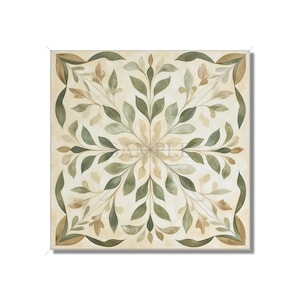 May include: A square tile with a repeating pattern of green leaves and branches on a cream background. The design is symmetrical and creates a floral motif.