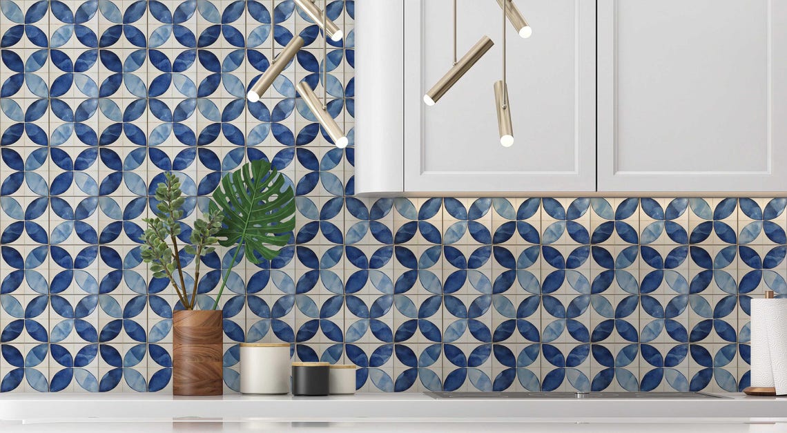 Blue and White Geometric Design Ceramic Tile - Unique Blue Kitchen ...