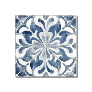 May include: A blue and white patterned tile with a floral design. The tile has a distressed look, giving it a vintage feel.