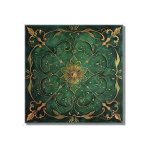 May include: A square green and gold decorative tile with a floral design. The tile has a dark green background with gold swirls and a gold flower in the center.