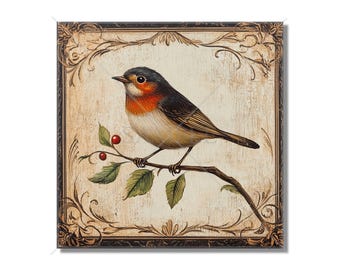 May include: A vintage-style painting of a small bird perched on a branch with red berries. The bird has brown, black, and white plumage with a red breast. The painting is framed with a decorative border.