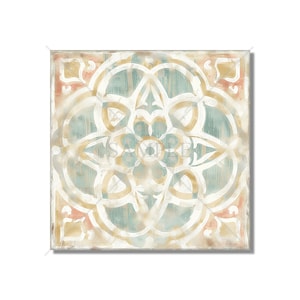 May include: A square tile with a white, intricate design on a light blue background. The design features a central flower with four petals and a circle around it. The tile has a distressed, vintage look with faded colors and a slightly rough texture.