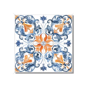 May include: A square tile with a blue and orange floral pattern. The design is symmetrical and features intricate details.