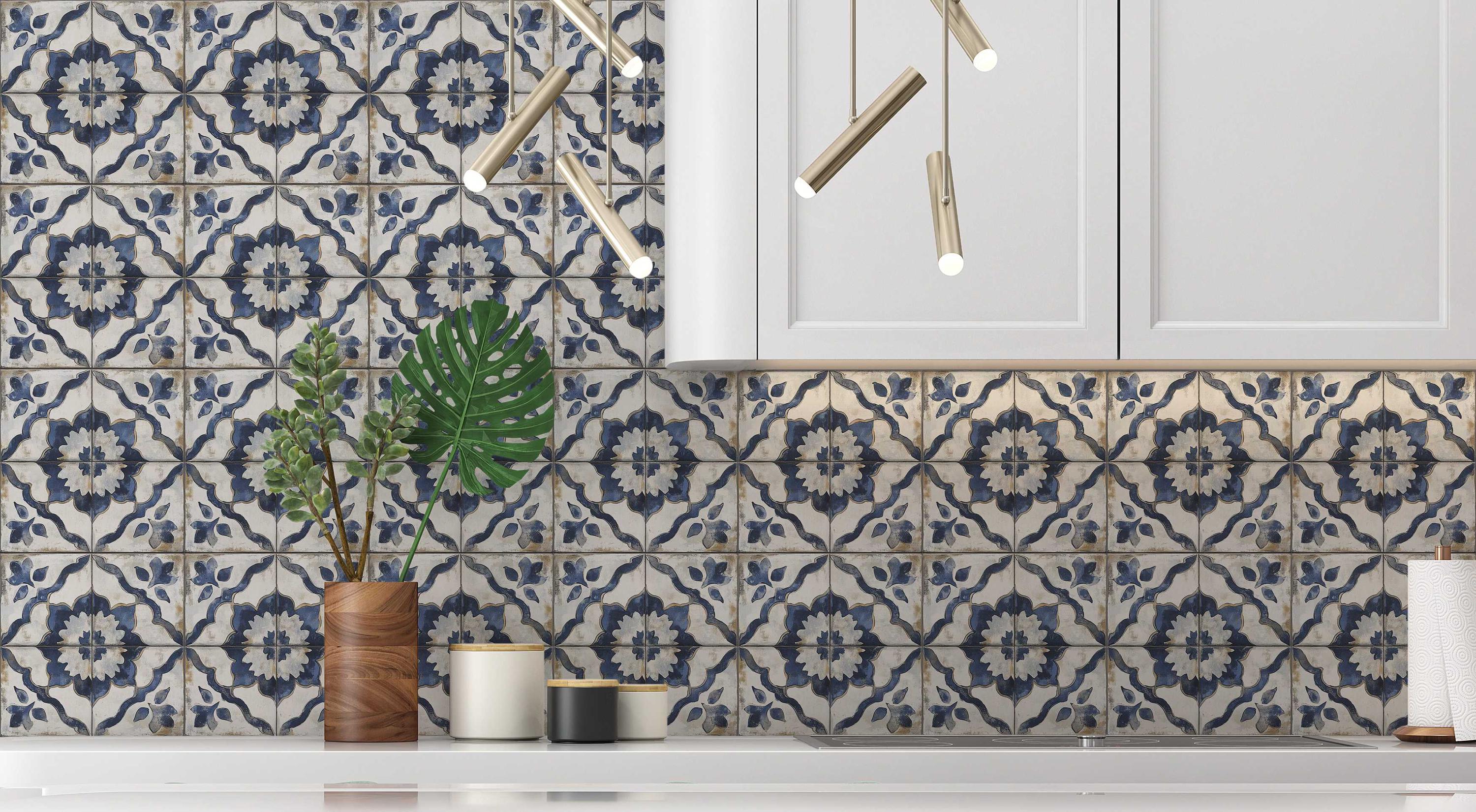 Blue Antique White Ceramic Tile Patterned Vintage Design Kitchen ...