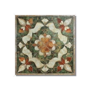 May include: Square decorative tile with a floral pattern. The design features a central flower motif in shades of green, orange, and cream, surrounded by four stylized flower shapes in the corners. The tile has a distressed, aged appearance.