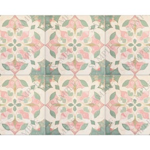 May include: Six square tiles arranged in a grid, each featuring a floral pattern in pink, green, and cream. The design has a vintage aesthetic, with a symmetrical arrangement of stylized flowers and leaves.