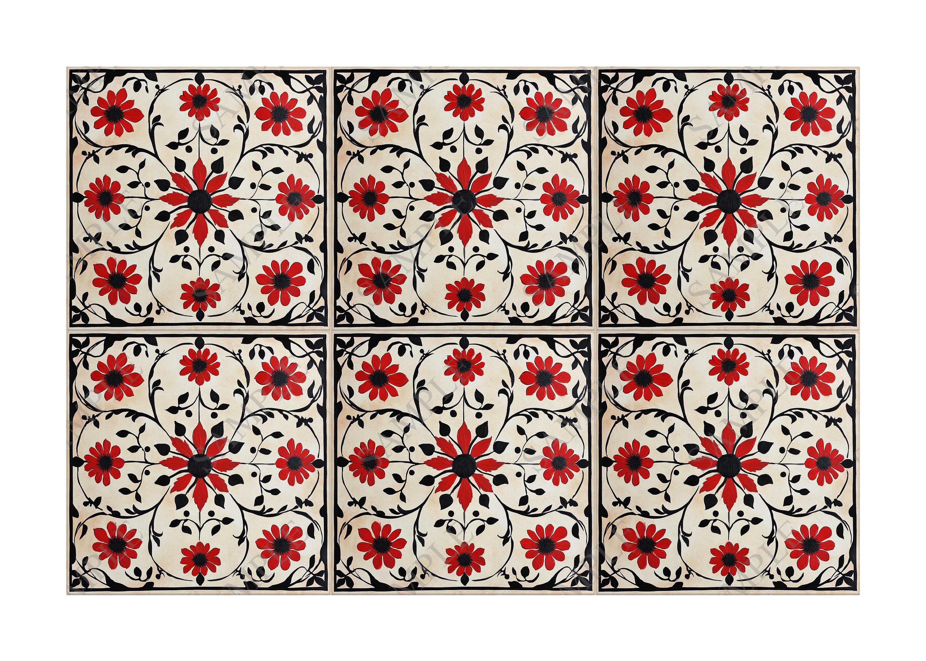 Red and Black Floral Ceramic Tile - Cottage Kitchen Backsplash Tile ...