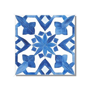May include: A blue and white geometric tile with a repeating pattern of stars and diamonds. The tile is painted in a watercolor style.