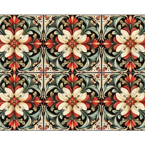 Cream Red Green Floral Ceramic Tile - Patterned Floral Design Tile ...