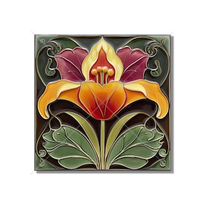Green Orange Wine Red Floral Ceramic Tile - Vintage Art Nouveau Design Kitchen Backsplash Tile Bathroom Wall Tile Fireplace Ceramic Tile