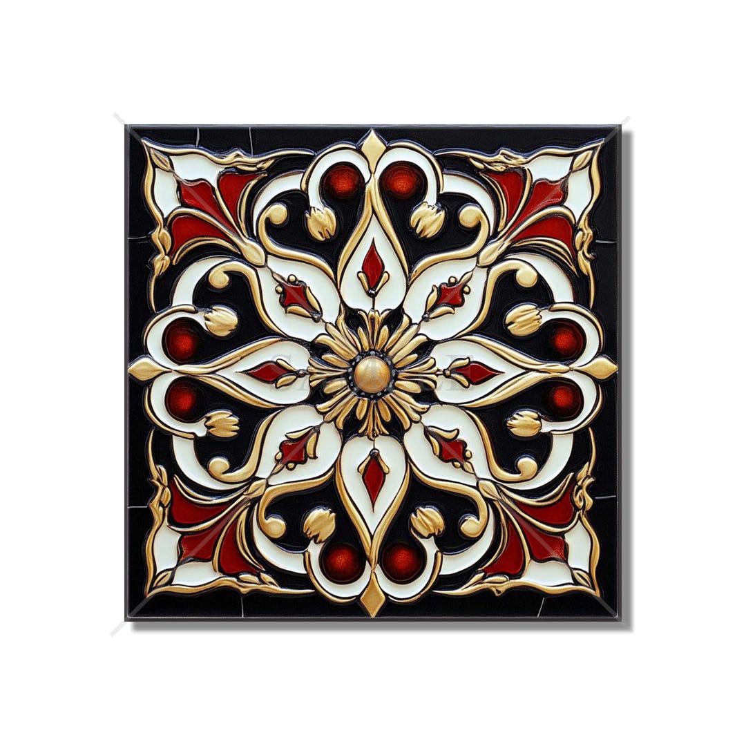 Red and Black Ceramic Tile - Vintage French Design Tile - Red Kitchen ...