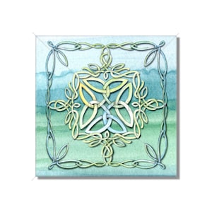 May include: A watercolor painting of a Celtic knot design in shades of green, blue, and yellow. The knot is surrounded by a border of green and blue leaves.