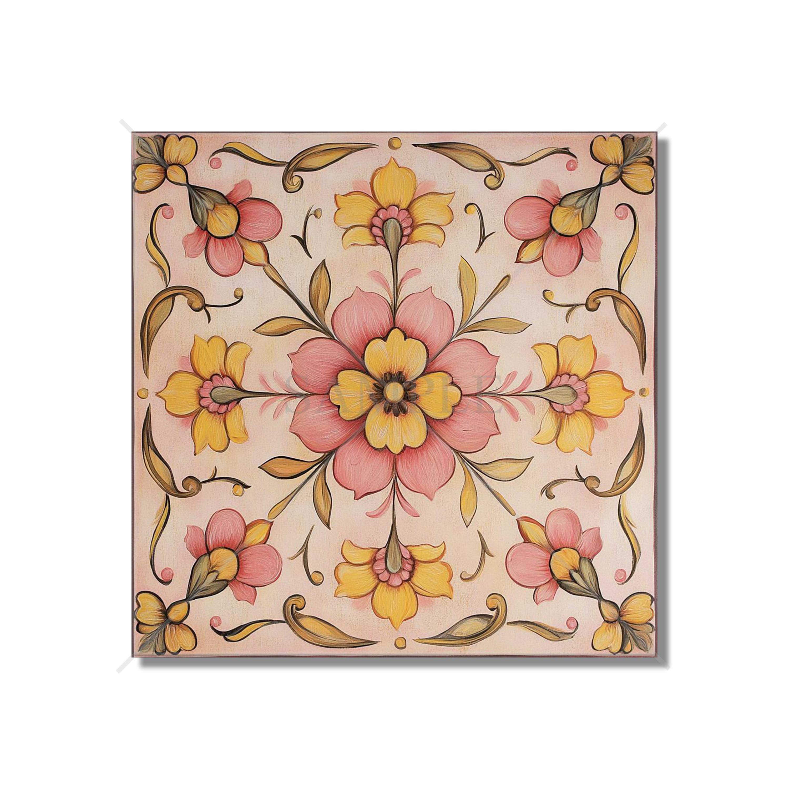 Pink Yellow Floral Ceramic Tile - Patterned Vintage Cottage Floral Tile ...