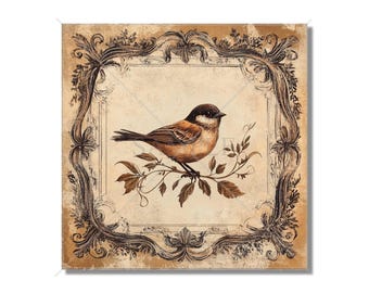 May include: A vintage-style illustration of a brown and black bird perched on a branch with brown leaves. The image is framed with a decorative black and white border.