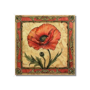 May include: A red poppy flower with green leaves and a bud, framed in a decorative border with gold and red accents.